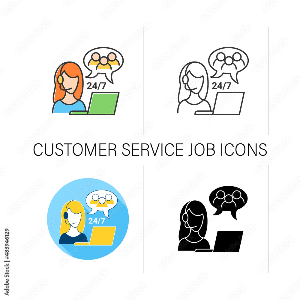 Customer service job icons set. Customers support. Call center. Communication with people. Day and night work.Collection of icons in linear, filled, color styles.Isolated vector illustrations Customer service job icons set. Customers support. Call center. Communication with people. Day and night work.Collection of icons in linear, filled, color styles.Isolated vector illustrations