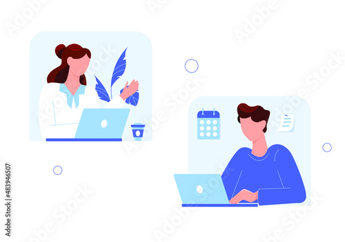 Concept Video call conference.  Business discussion. A man and a woman are working on a laptop. Vector illustration hand drawn flat style.