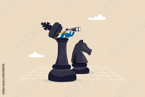Fotografia, Obraz Success strategy, plan ahead to win business competition, leadership vision or looking for opportunity, competitor analysis concept, businessman leader open chess king with binocular to look ahead