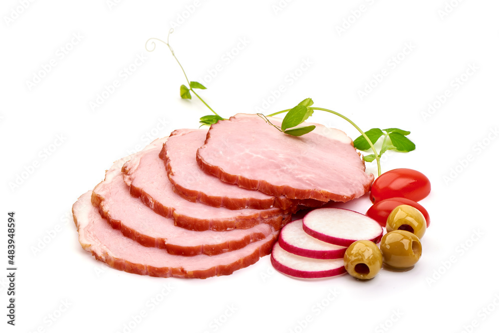 Smoked meat slices, isolated on white background.