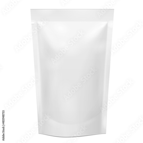 White Blank Foil Food Or Drink Doypack Bag Packaging. Mock Up Template Ready For Your Design. Product Packing Vector EPS10