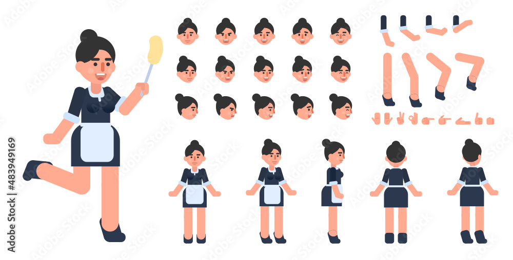 Creation kit of maid, housekeeper or cleaning lady. Modern vector illustration. Create your own pose, action, animation