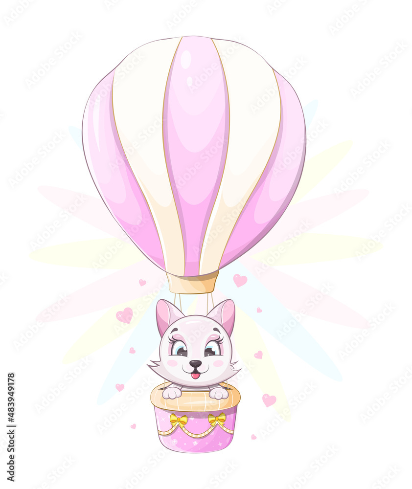 Cheerful and cute kitten is flying in a hot air balloon Stock Vector ...