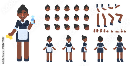 Creation kit of maid, housekeeper or cleaning lady. Modern vector illustration. Create your own pose, action, animation