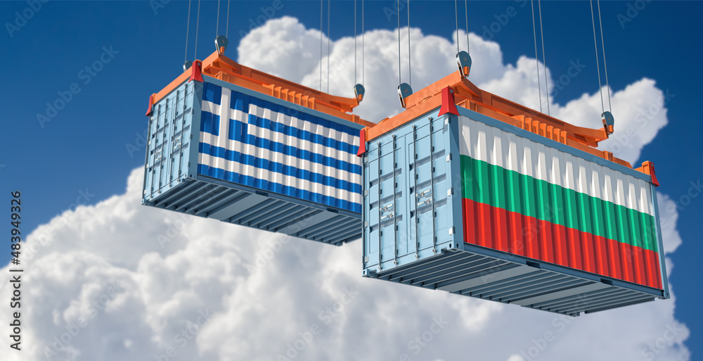 Freight containers with Greece and Bulgaria national flags. 3D Rendering 
