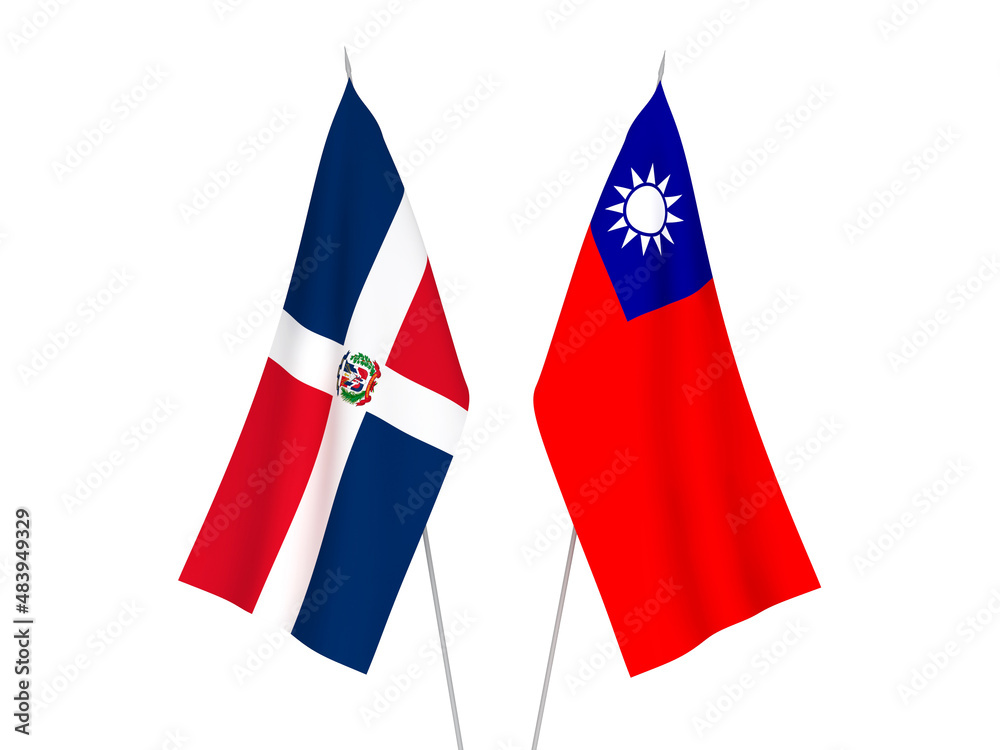 National fabric flags of Taiwan and Dominican Republic isolated on white background. 3d rendering illustration.