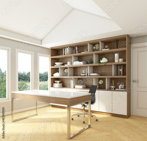 Fotografija Nordic style workroom with bookshelf and wood floor. 3d rendering