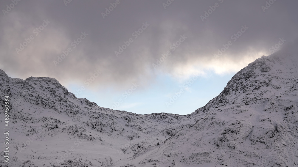 Snowdonia national park winter mountain view of summits background in Wales