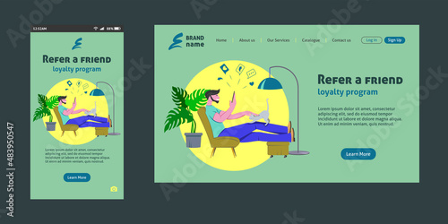 Referral marketing landing page, refer a friend loyalty program, social media promotion.