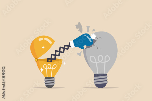 Pitching winner idea, disruption innovation or creativity to win business competition, business strategy or marketing concept, smart bright lightbulb idea open with boxing globe to punch competitor.