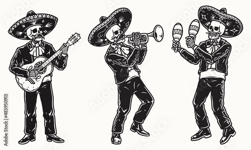 Skeleton mariachi ensemble in sombreros