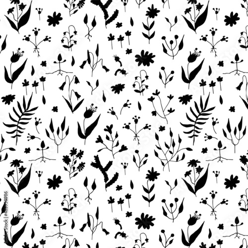 Hand drawn doodle seamless pattern with black elements, spring and summer abstract plants anf flowers