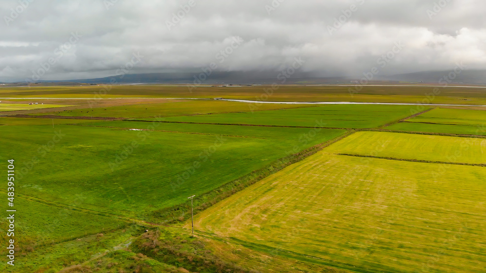 Aerial view of Glaumbaer, Iceland. Glaumbaer, in the Skagafjordur district in North Iceland, is a museum featuring a renovated turf farm and timber buildings.