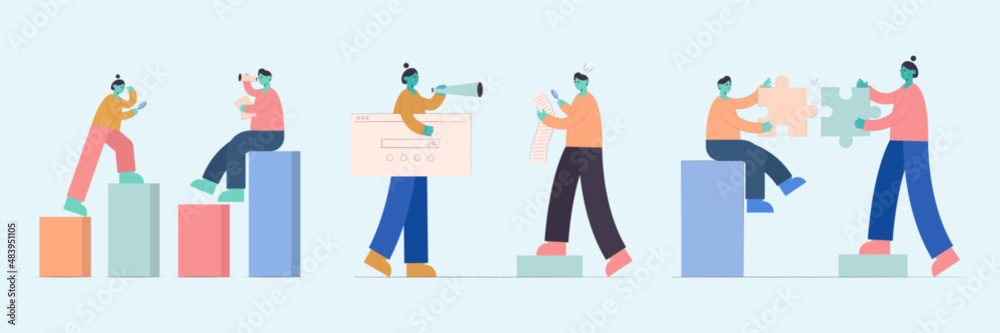 Business team putting together jigsaw puzzle isolated flat vector illustration. cartoon partners working in connection. teamwork, partnership and cooperation concept Business team putting together jigsaw puzzle isolated flat vector illustration. cartoon partners working in connection. teamwork, partnership and cooperation concept
