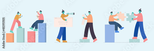 Business team putting together jigsaw puzzle isolated flat vector illustration. cartoon partners working in connection. teamwork  partnership and cooperation concept 