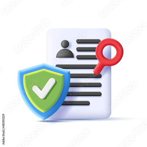 Security icon with 3d composition of profile page with shield and magnifying glass