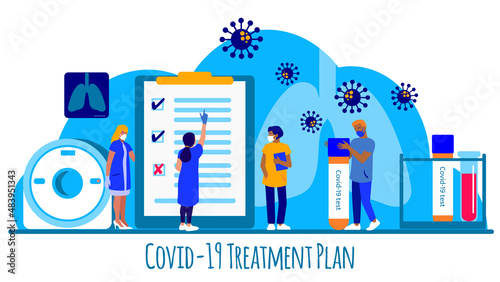 Doctors are planning covid-19 treatment strategy. A concept of choosing covid-19 treatment and therapy after covid is confirmed. Vector flat illustration, tiny person concept.