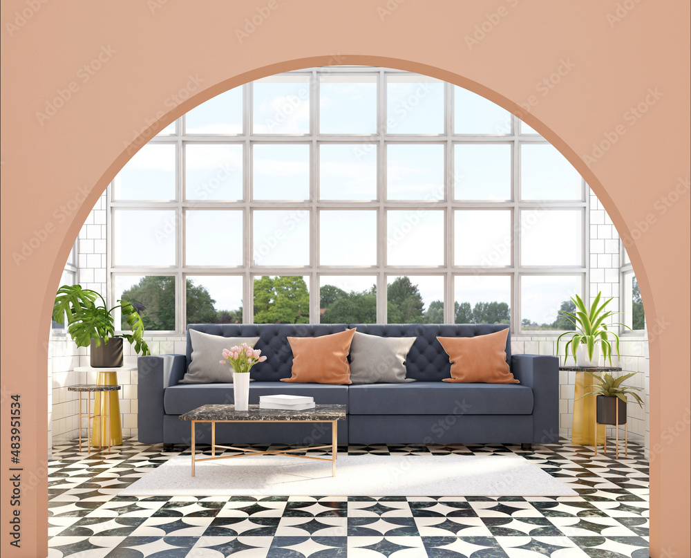 Obraz premium luxury modern living room with white window panel and arched open door, sofa and green plants, marble center table and side table. 3d rendering
