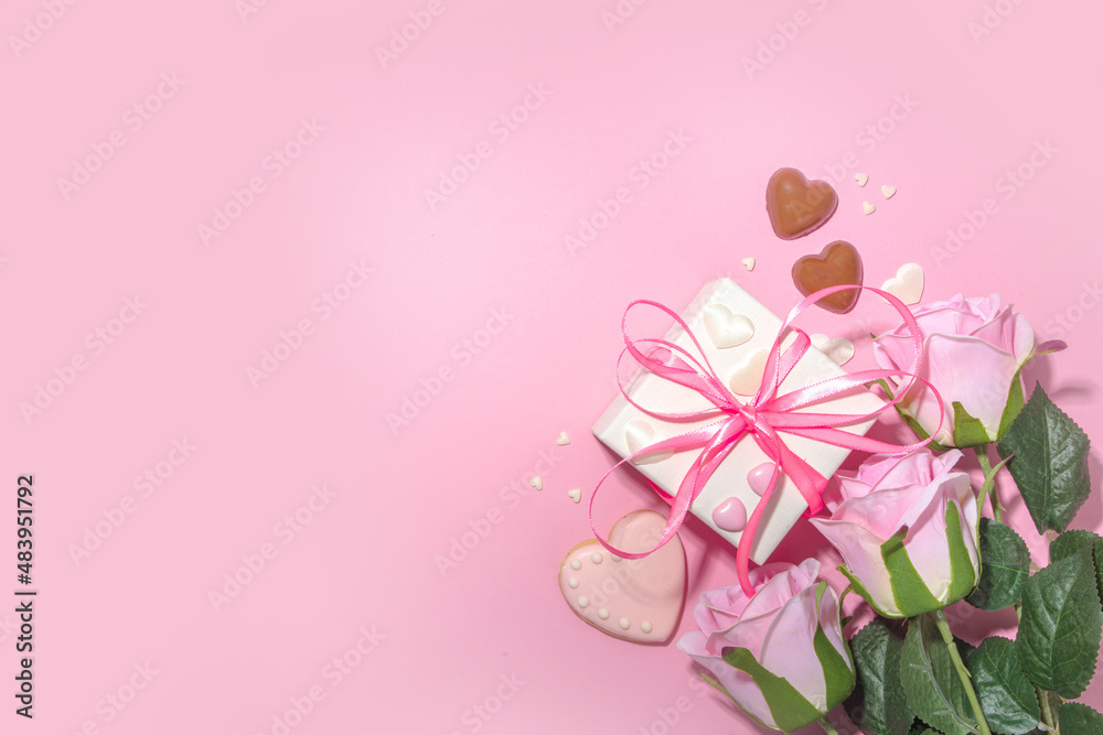 Pink and white spring holiday background with various cute tender flowers. Valentine day, international women's day 8 march, birthday, mother's day greeting card mockup top view flatlay frame