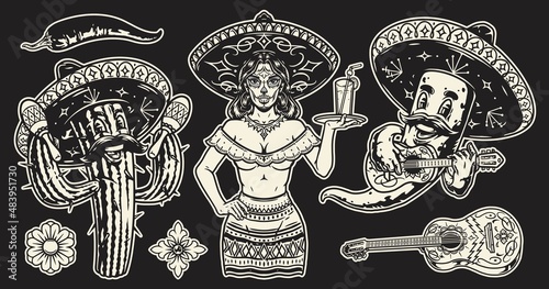 Monochrome stickers of mexican characters