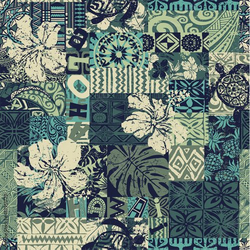Hawaiian hibiscus and tribal element fabric patchwork abstract vintage vector seamless pattern 