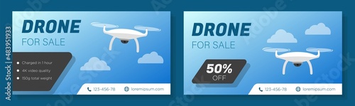 Drone for sale banner template set, flight technology store business advertisement, unmanned aircraft ad, horizontal campaign, flyer, presentation, isolated on background