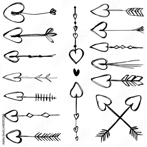 Set of carelessly hand-drawn hearts arrows in doodle style.