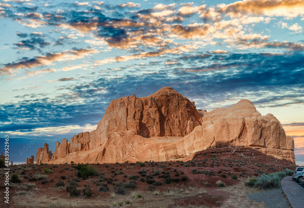 Park Avenue rock formations at Arches National Park, Utah. Canyon panoramic view at sunset.