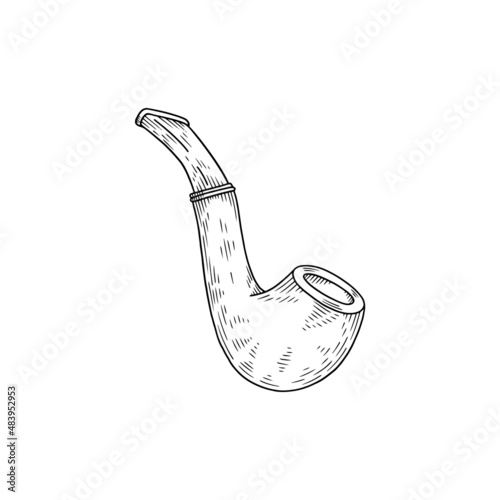 Smoking pipe in hand drawn sketch style with engraving, vector illustration isolated on white background.
