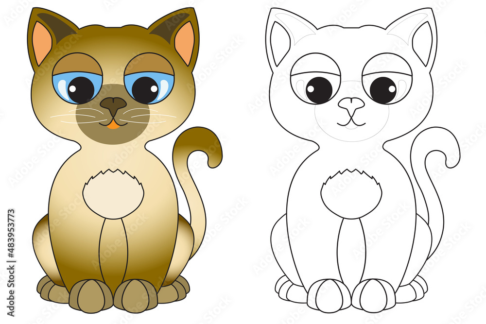 Fototapeta premium Illustration for children with Siamese cat in color and black and white copy to color
