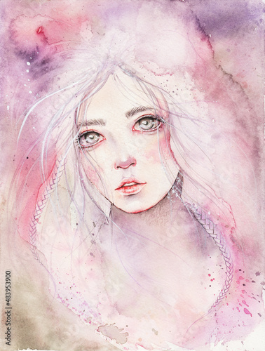 Pink watercolor illustration of sad girl in sorrow. Melancholic emotions, beauty art