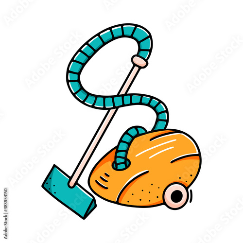 Hand drawn vacuum cleaner, doodle icon on cleaning service theme. Vector illustration isolated on white background