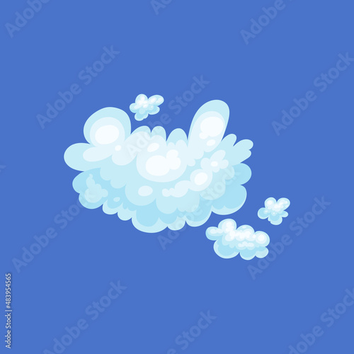 Clouds in childish cartoon style, flat vector illustration isolated on blue.