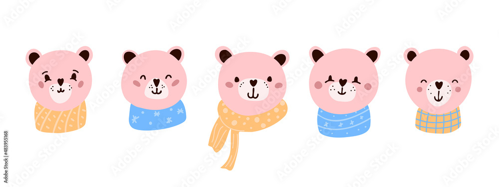 Set of cute teddy bears portraits in winter warm mufflers. Bundle of happy pink plush faces. Flat vector illustration isolated on white backgrond