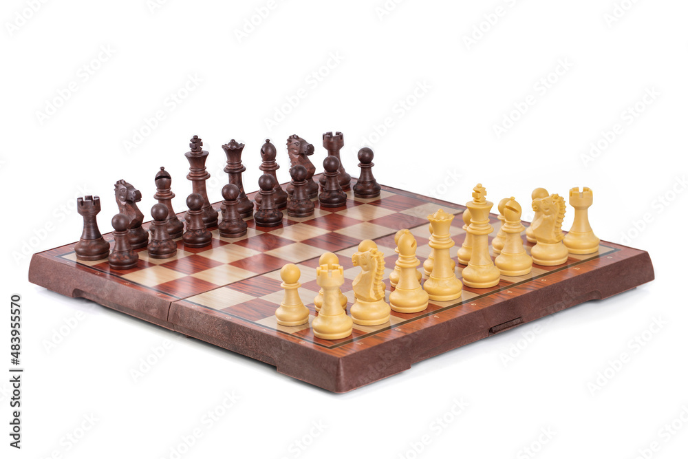 Retro Chess board with chess wooden pieces isolated on white background Retro Chess board with chess wooden pieces isolated on white background
