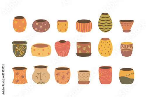 Ceramic pots for house plants and flowers set. Empty vases and pottery of various shapes isolated on white background. Flat vector illustration