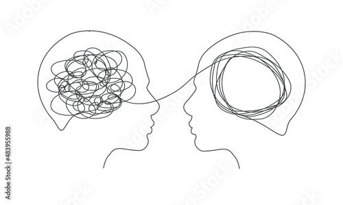 Psychotherapy concept. Abstract metaphor of problem solving or difficult situation. Tangle tangled and unraveled in people head. Simplification streamlining process. Vector illustration isolated. 