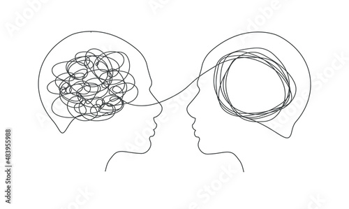 Psychotherapy concept. Abstract metaphor of problem solving or difficult situation. Tangle tangled and unraveled in people head. Simplification streamlining process. Vector illustration isolated.	