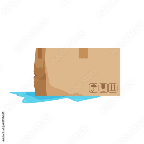 Damaged cardboard box. Wet broken parcel. Puddle on the floor. Isometric vector illustration isolated on white background.