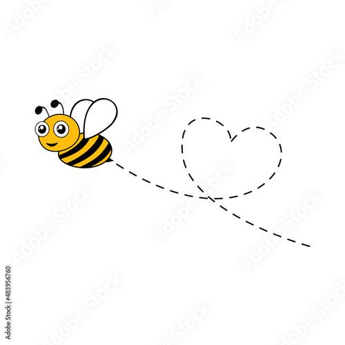 Bee flying on a dotted route in heart shape. Lovely bees character.