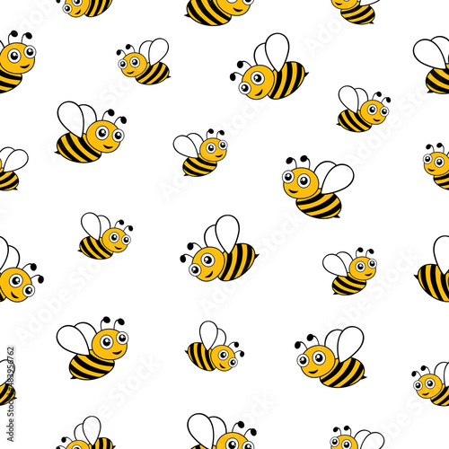 Cute flying bees seamless pattern. Black and yellow bees isolated on white background.