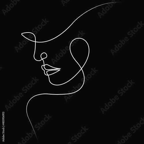 Minimalistic silhouette of woman face. Black and white. Black background. One line drawing.
