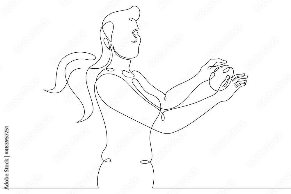 One continuous line.A young woman chooses vegetables and fruits. The female character is shopping for groceries.Buyer with food products.Continuous line drawing.Line Art isolated white background.