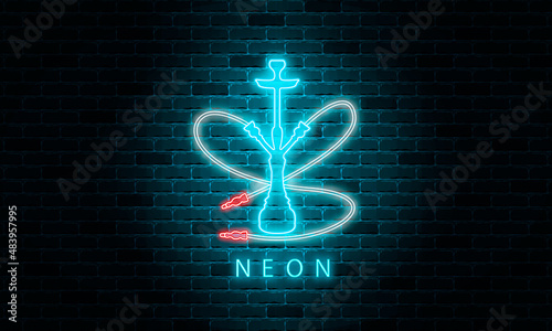 Neon hookah icon, night hookah sign on a brick wall background, vector illustration