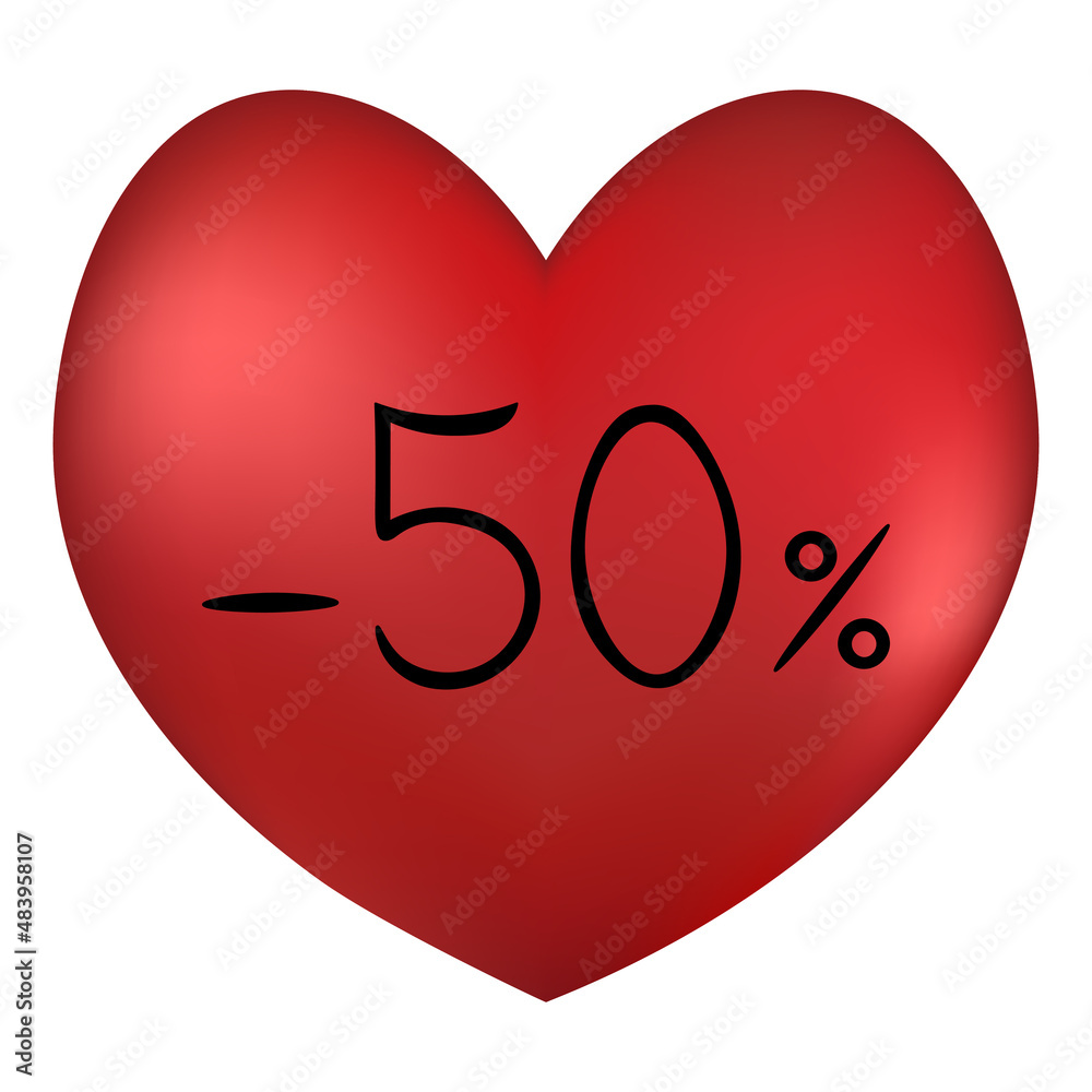 Heart and Sale. Red heart. Seasonal discount -50% for Valentines Day. Colored vector illustration. Symbol of love. Holiday sale. Isolated background. Idea for web design, banner. Heart and Sale. Red heart. Seasonal discount -50% for Valentines Day. Colored vector illustration. Symbol of love. Holiday sale. Isolated background. Idea for web design, banner.