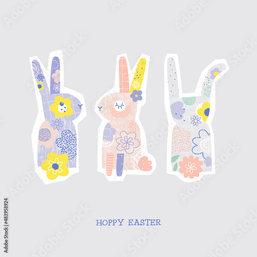 Quirky bloomy flourish bunny vector illustration. Happy Easter phrase. Cute rabbits Whimsical Easter postcard design with wordplay.