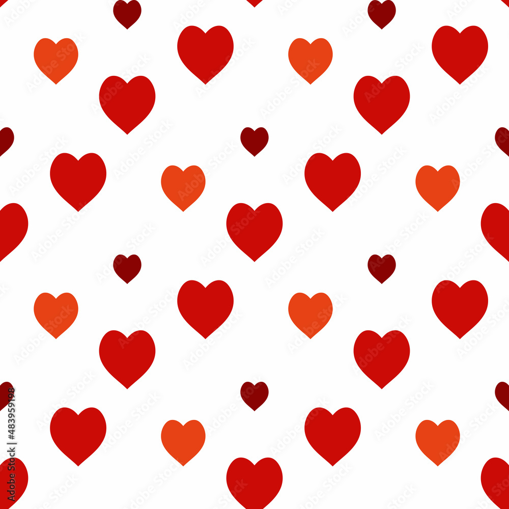 Seamless pattern with red and orange hearts on white background. Vector image.