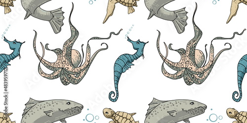 Seamless pattern with seahorse and octopus. Template with sea life for background and design. Set of colorful hand drawings for design. Set of isolated marine inhabitants on a white background.