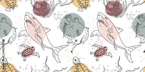 Seamless pattern with shark, sea turtle,fish. Pattern with marine life for background and design. Set of colorful hand drawings for design. Set of isolated marine inhabitants on a white background.