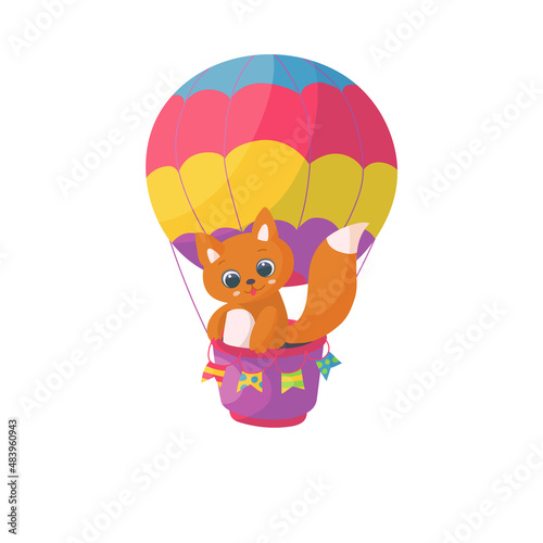 Cute fox flying in air balloon, funny childish cartoon character, flat vector illustration isolated on white background.